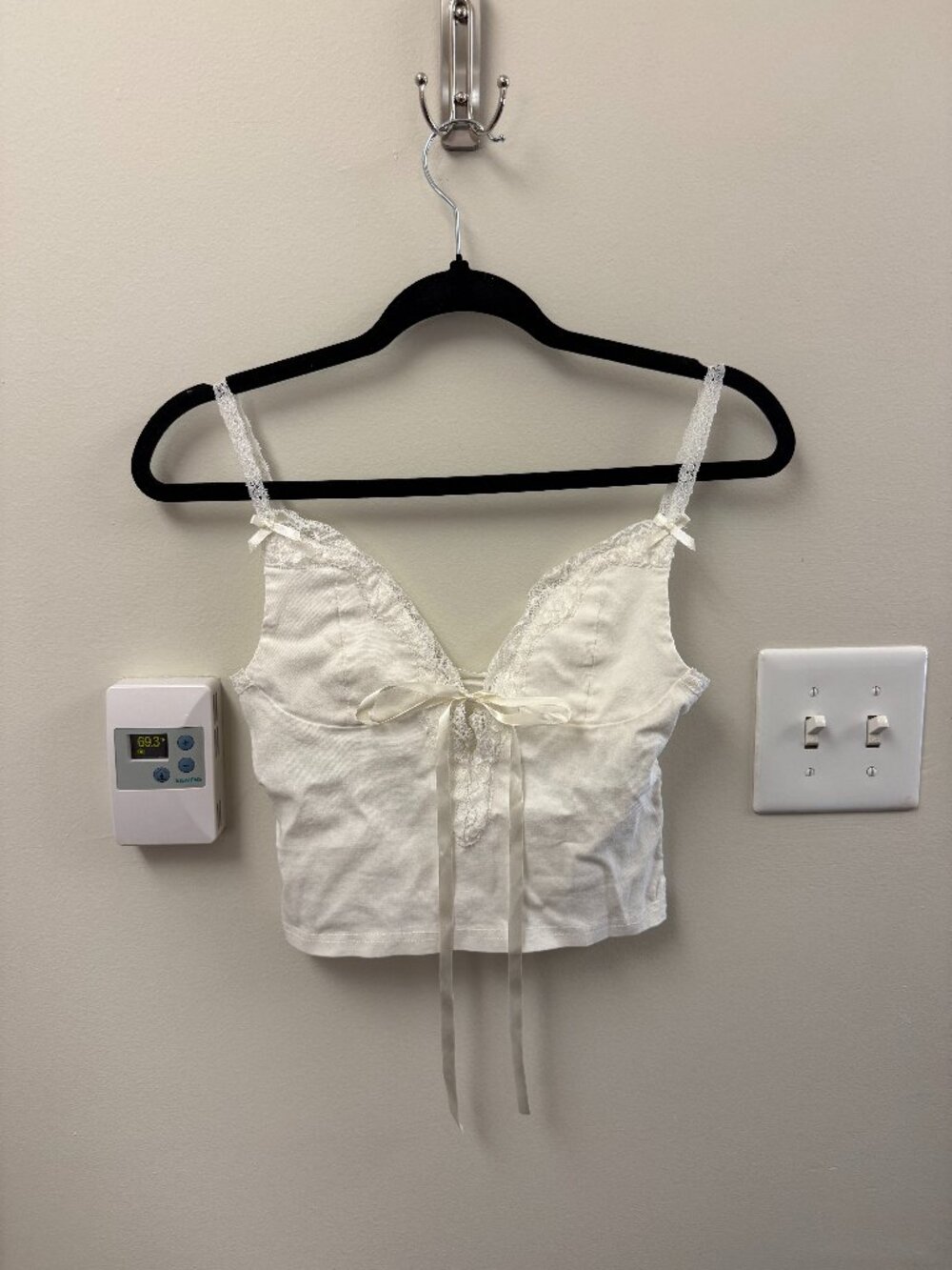 white top with deep v-neck